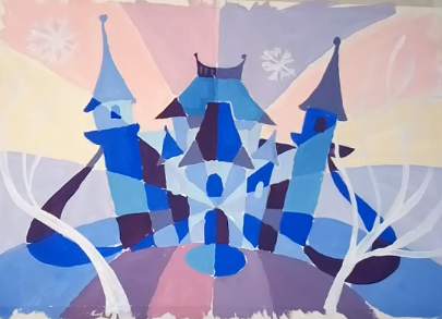Schloss der Schneekönigin, Bleistiftzeichnung, Farben