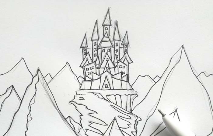 Schloss der Schneekönigin, Bleistiftzeichnung, Farben