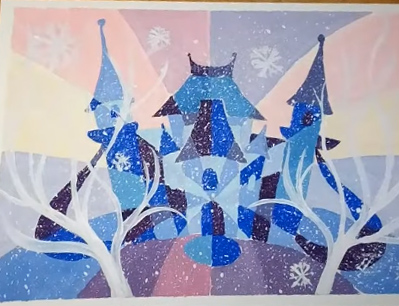 Schloss der Schneekönigin, Bleistiftzeichnung, Farben