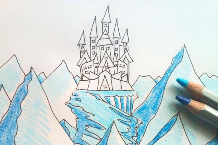 Schloss der Schneekönigin, Bleistiftzeichnung, Farben