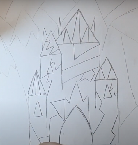 Schloss der Schneekönigin, Bleistiftzeichnung, Farben