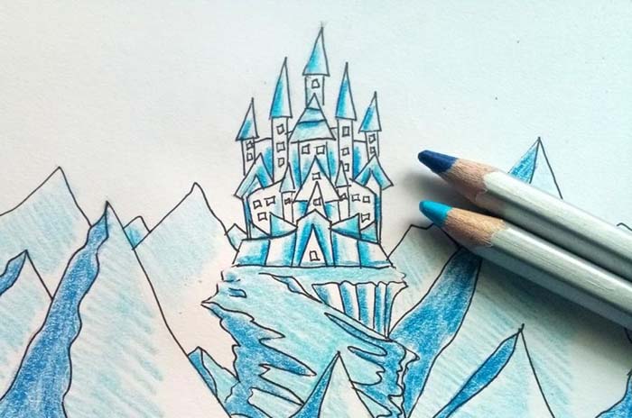 Schloss der Schneekönigin, Bleistiftzeichnung, Farben