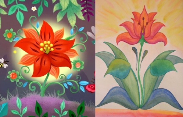 Bleistiftzeichnung einer scharlachroten Blume zum Thema eines Märchens. Wie man zeichnet