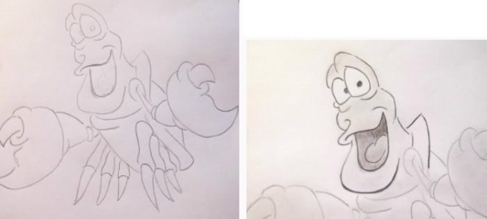 Krabbenzeichnung für Kinder mit Bleistift Schritt für Schritt in Farbe