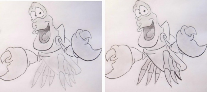 Krabbenzeichnung für Kinder mit Bleistift Schritt für Schritt in Farbe