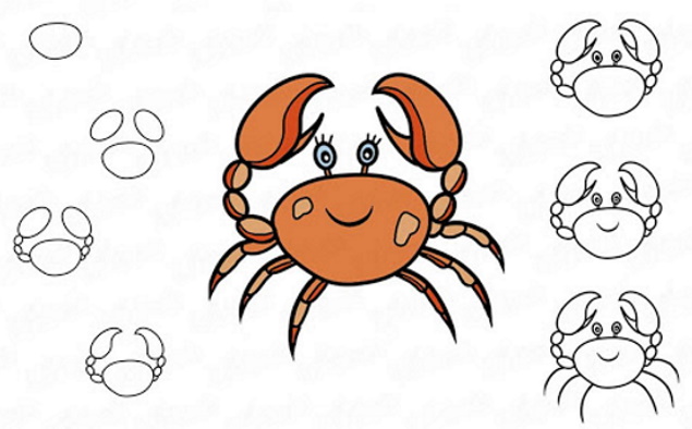 Krabbenzeichnung für Kinder mit Bleistift Schritt für Schritt in Farbe