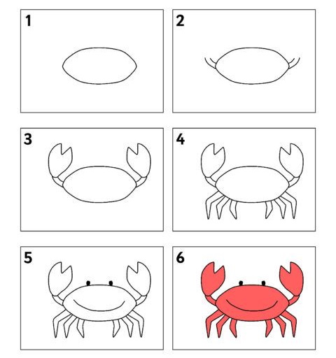Krabbenzeichnung für Kinder mit Bleistift Schritt für Schritt in Farbe