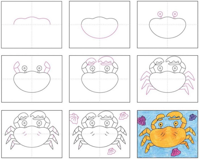 Krabbenzeichnung für Kinder mit Bleistift Schritt für Schritt in Farbe