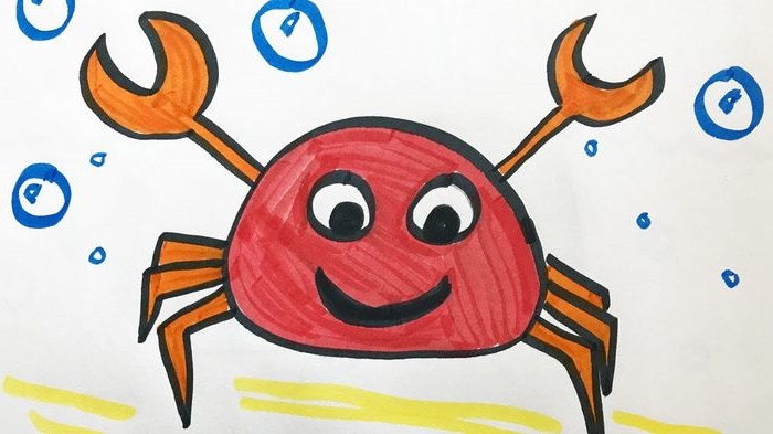 Krabbenzeichnung für Kinder mit Bleistift Schritt für Schritt in Farbe
