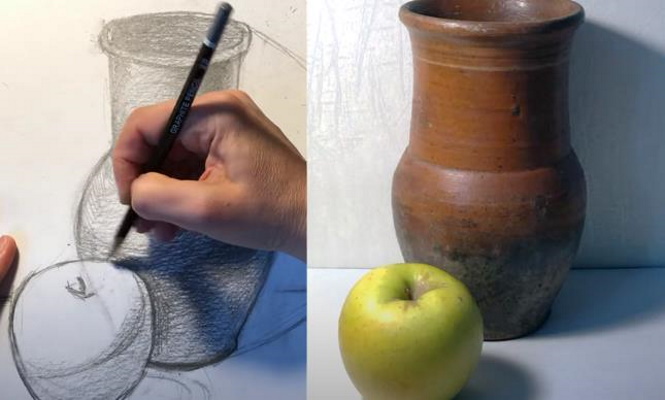 Stillleben mit Bleistift zum Skizzieren für Anfänger. Bilder