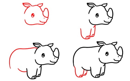 Nashorn zeichnen für Kinder mit Bleistift Schritt für Schritt
