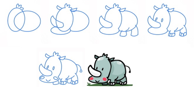 Nashorn zeichnen für Kinder mit Bleistift Schritt für Schritt