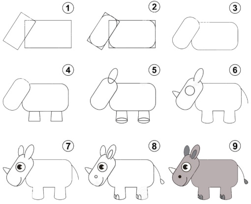 Nashorn zeichnen für Kinder mit Bleistift Schritt für Schritt