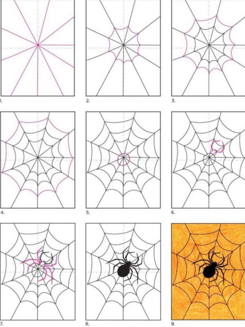Spinnennetz zeichnen für Kinder mit Bleistift Schritt für Schritt