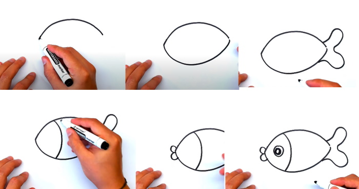 Fischzeichnung für Kinder Schritt für Schritt mit einem Bleistift