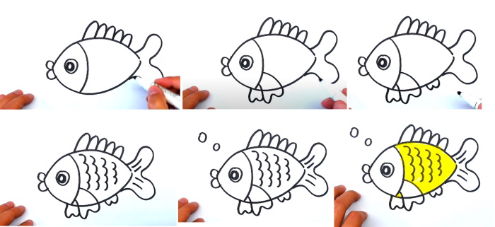 Fischzeichnung für Kinder Schritt für Schritt mit einem Bleistift