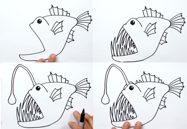 Fischzeichnung für Kinder Schritt für Schritt mit einem Bleistift