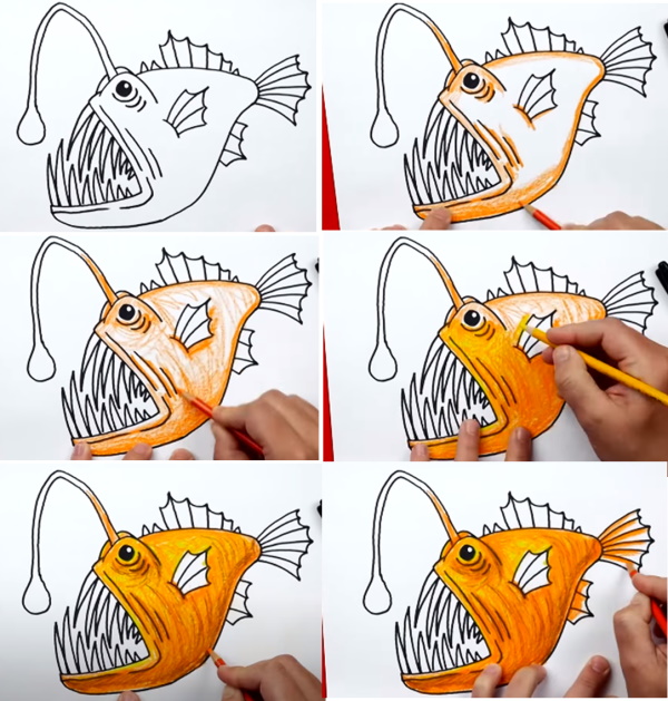 Fischzeichnung für Kinder Schritt für Schritt mit einem Bleistift