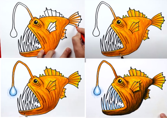 Fischzeichnung für Kinder Schritt für Schritt mit einem Bleistift