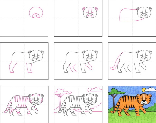 Tiger zeichnen für Kinder mit Bleistift Schritt für Schritt