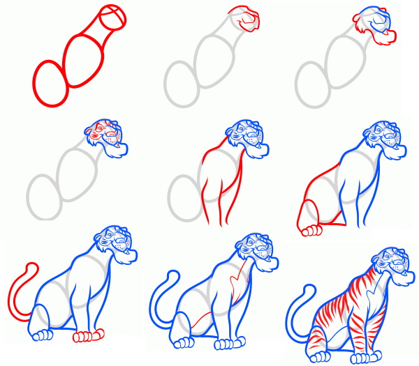 Tiger zeichnen für Kinder mit Bleistift Schritt für Schritt