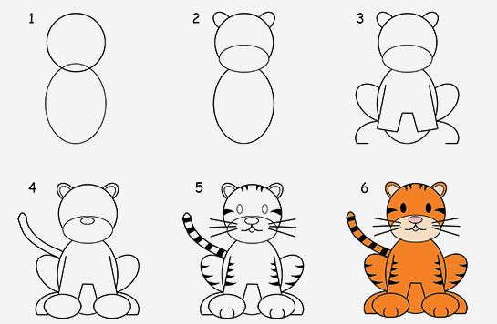 Tiger zeichnen für Kinder mit Bleistift Schritt für Schritt