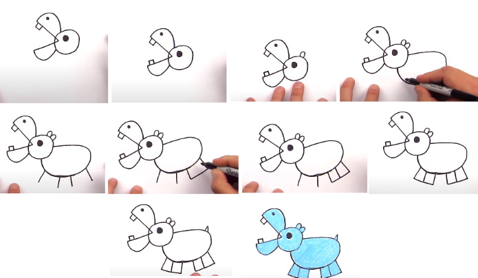 Nilpferd zeichnen für Kinder mit Bleistift Schritt für Schritt