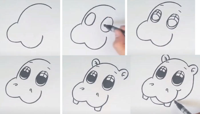 Nilpferd zeichnen für Kinder mit Bleistift Schritt für Schritt