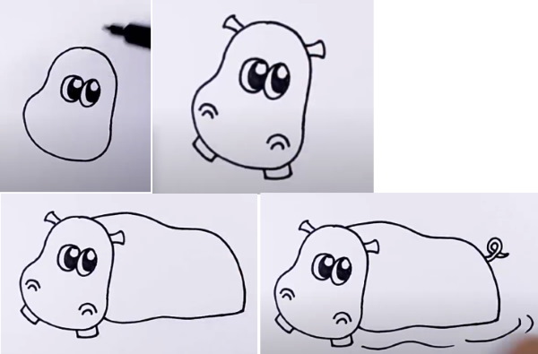 Nilpferd zeichnen für Kinder mit Bleistift Schritt für Schritt