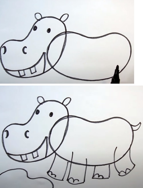 Nilpferd zeichnen für Kinder mit Bleistift Schritt für Schritt
