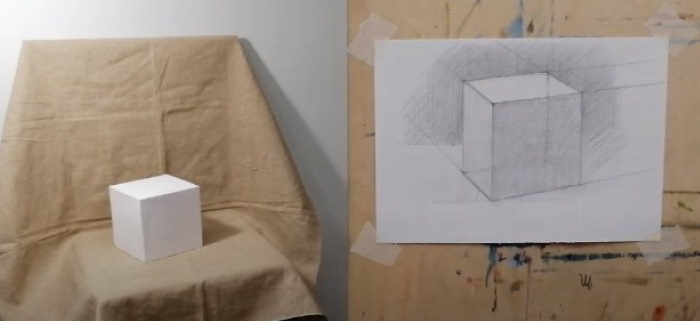 Geometrische Formen mit Schatten. Bleistiftzeichnung Schritt für Schritt