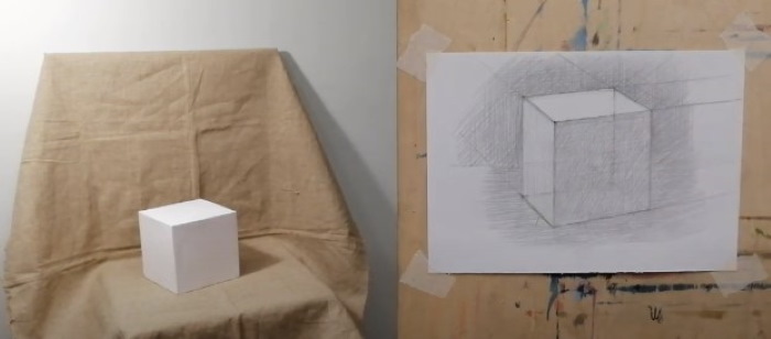 Geometrische Formen mit Schatten. Bleistiftzeichnung Schritt für Schritt