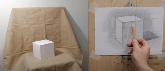Geometrische Formen mit Schatten. Bleistiftzeichnung Schritt für Schritt