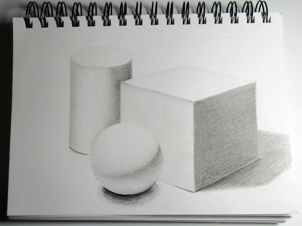 Geometrische Formen mit Schatten. Bleistiftzeichnung Schritt für Schritt