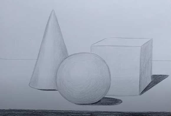 Geometrische Formen mit Schatten. Bleistiftzeichnung Schritt für Schritt