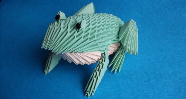 Springender Papierfrosch. Origami-Diagramm Schritt für Schritt