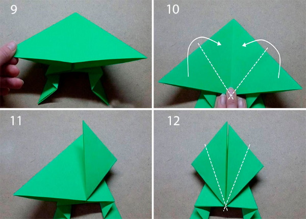 Springender Papierfrosch. Origami-Diagramm Schritt für Schritt