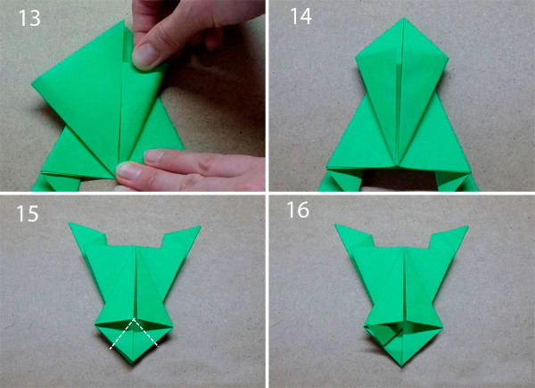 Springender Papierfrosch. Origami-Diagramm Schritt für Schritt