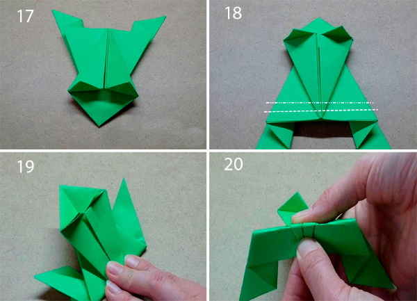 Springender Papierfrosch. Origami-Diagramm Schritt für Schritt