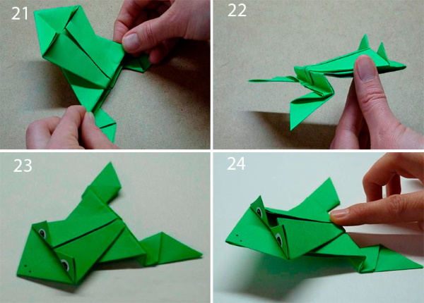 Springender Papierfrosch. Origami-Diagramm Schritt für Schritt