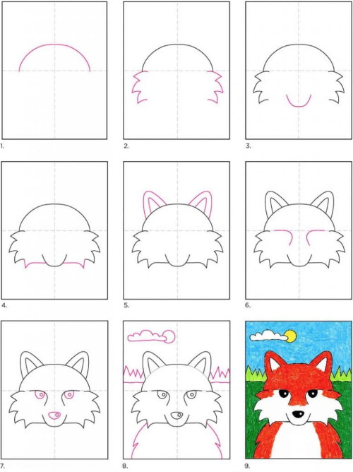 Fuchsgesicht zeichnen für Kinder mit Bleistift Schritt für Schritt