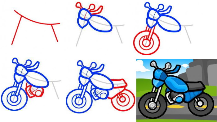 Motorrad zeichnen für Kinder mit Bleistift Schritt für Schritt