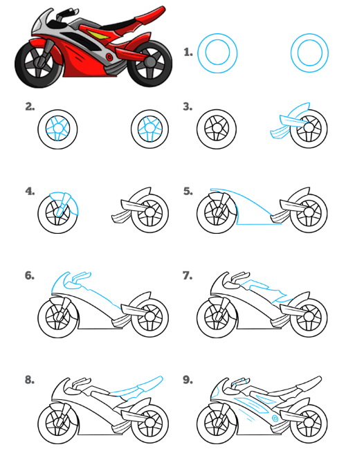 Motorrad zeichnen für Kinder mit Bleistift Schritt für Schritt