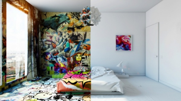 Sprühbilder an einer Hauswand, in einer Wohnung