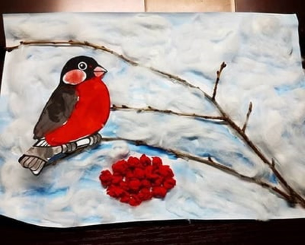 Bullfinch on a branch drawing for children with paints, pencil