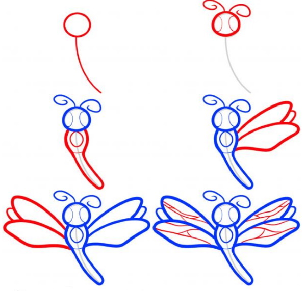 Libelle zeichnen für Kinder mit Bleistift Schritt für Schritt