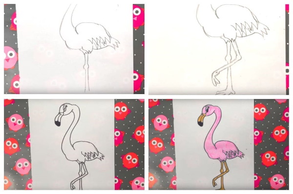 Flamingo zeichnen für Kinder mit Bleistift Schritt für Schritt