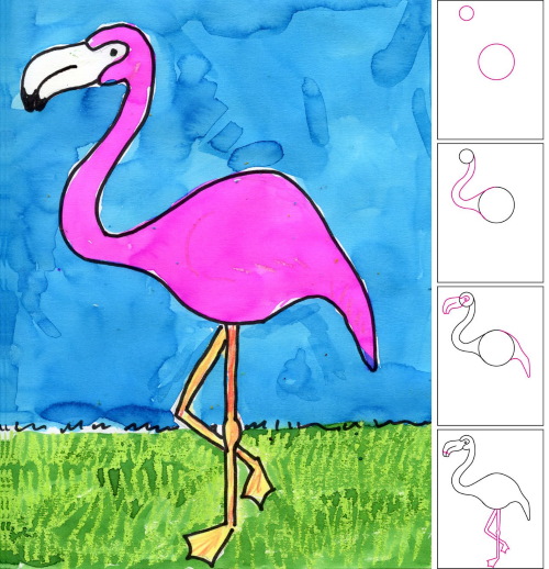 Flamingo zeichnen für Kinder mit Bleistift Schritt für Schritt
