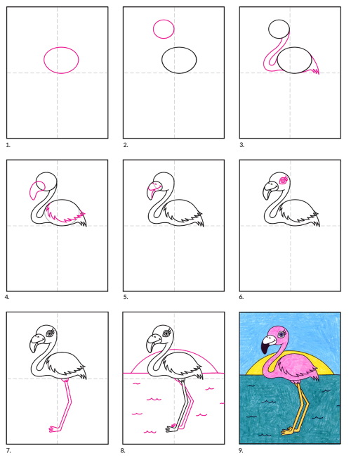 Flamingo zeichnen für Kinder mit Bleistift Schritt für Schritt
