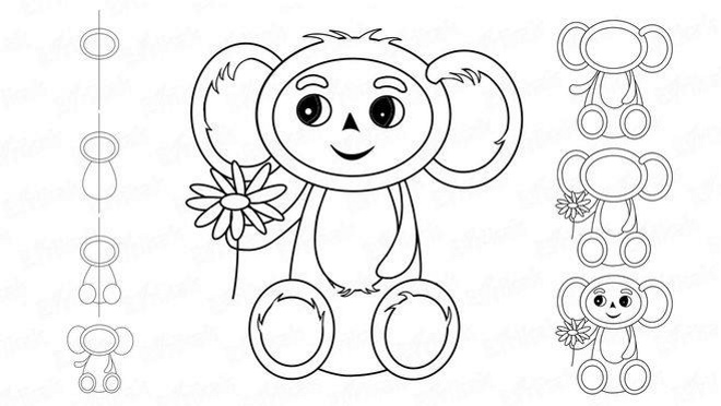 Tscheburaschka zeichnen für Kinder mit Bleistift Schritt für Schritt